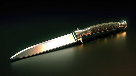 3D rendering of a hunting knife isolated in black reflective background.の素材