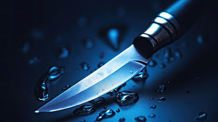 Knife and water drops on a dark background. Shallow depth of fieldの素材