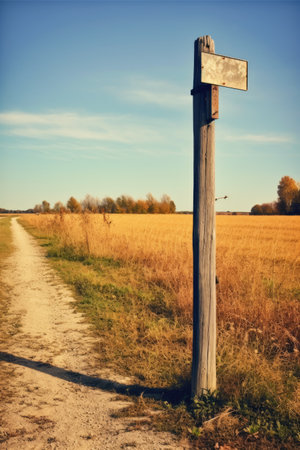 Wooden signpost on a rural road. Retro style image.の素材