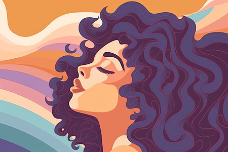 Beautiful girl with long curly hair. Vector illustration in a flat style.の素材