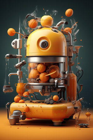 3d rendering of an orange robot with a lot of objects around itの素材