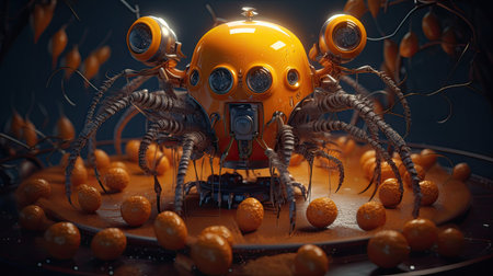 3D rendering of an orange robot on a dark background with spaceの素材