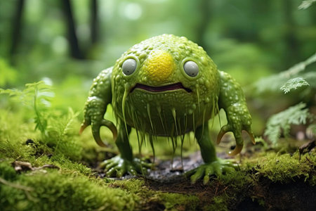 Funny green monster in the forest. Halloween concept. Selective focus.の素材