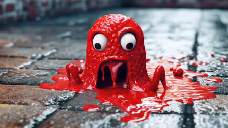 Funny red monster on the floor in the rain. Halloween conceptの素材