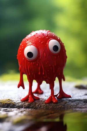 Funny red monster with eyes and mouth on a wooden background.の素材