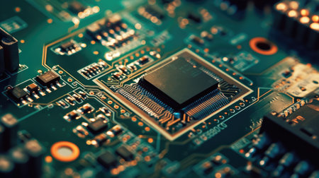 Close-up of electronic circuit board with microchips. Technology backgroundの素材