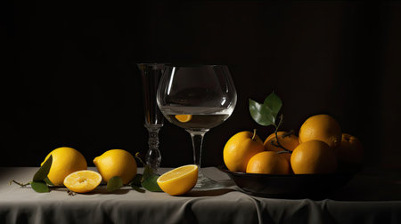 Still life with lemons and a glass of water on a black backgroundの素材