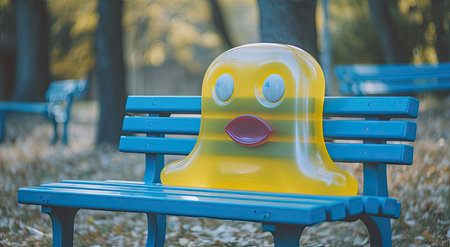 Yellow plastic toy in the park on a bench with a sad faceの素材