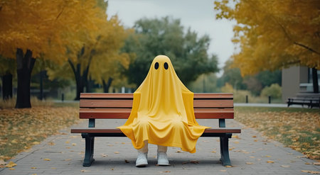Scary ghost sitting on a bench in the autumn park. Halloween concept.の素材