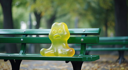 Green bench in the park with a plastic doll in the form of a faceの素材
