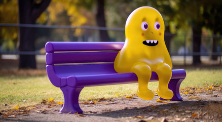 Funny yellow character sitting on a purple bench in the park.の素材