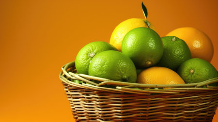 Limes and oranges in a wicker basket on an orange backgroundの素材