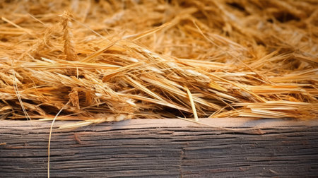 dry wheat on a wooden background, close-up, selective focusの素材