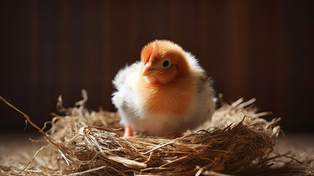 Little chicken in a nest on a wooden background, close-upの素材