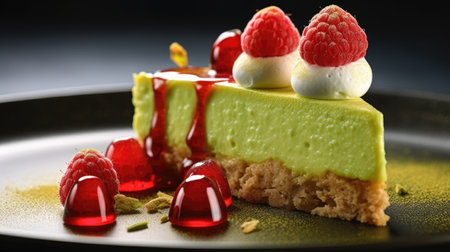 cheesecake with raspberries and mint on a black backgroundの素材