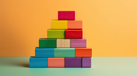 Colorful wooden building blocks stacked in pyramid shape on colorful background.の素材