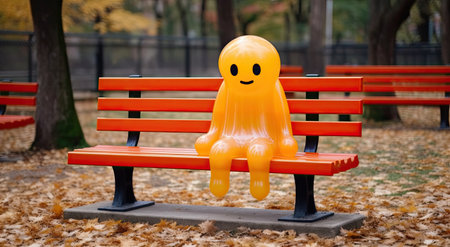 Funny orange plastic ghost sitting on bench in autumn park. Halloween concept.の素材