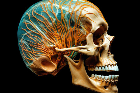 Human skull with nervous system on black background. 3D illustration.の素材