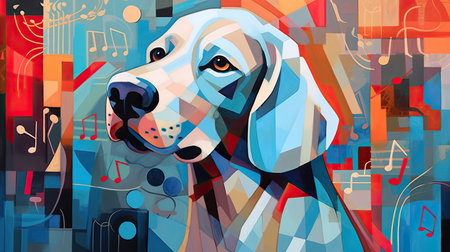 Vector illustration of a dog with musical notes on a background of geometric shapesの素材