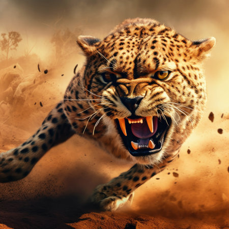 Leopard running in the desert. Wildlife scene. 3D renderingの素材