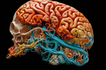 Human brain with colorful paint splashes isolated on black background. 3d illustrationの素材
