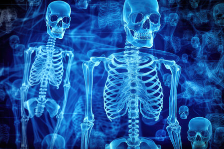Human skeleton anatomy x-ray image on a dark blue background.の素材