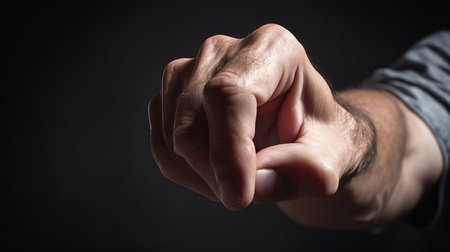 Close up of man's hand touching virtual screen on black background.の素材
