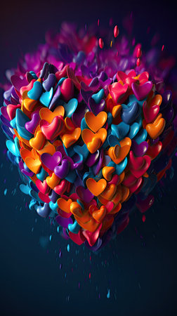 Colorful hearts on dark background. 3D illustration. Valentine's day conceptの素材