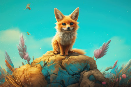 Cute fox sitting on a rock in the grass, 3d illustrationの素材