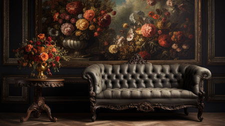 Luxury vintage interior with a sofa, flowers and a table. 3d renderの素材
