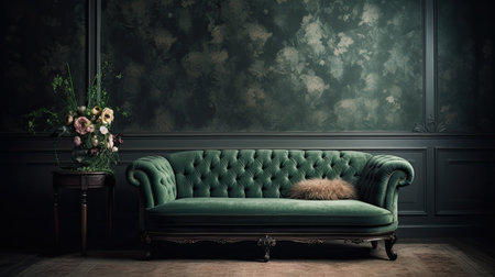 Luxury green sofa in dark interior with floral decoration. 3D renderの素材