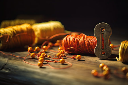 Spool of thread and sewing accessories on a dark wooden background.の素材