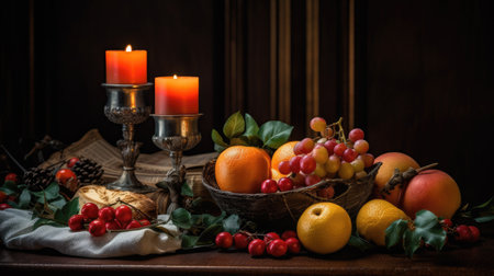 Christmas still life with candles, fruits and berries on wooden background.の素材