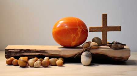 Easter still life. Wooden cross, rosary and eggs on a wooden board.の素材