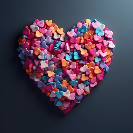 Colorful heart shaped confetti on dark background. Top view.の素材