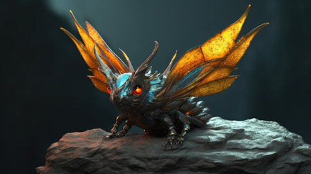 3D rendering of a fantasy dragon on a rock with dark backgroundの素材