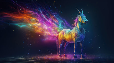 Unicorn with colorful fire effect. Fantasy illustration. 3D renderingの素材