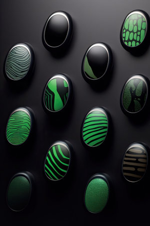 Black and green easter eggs with zebra pattern on black backgroundの素材