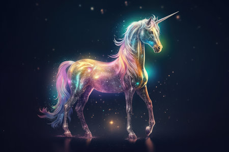 Unicorn on black background with colorful lights. Fantasy illustration.の素材