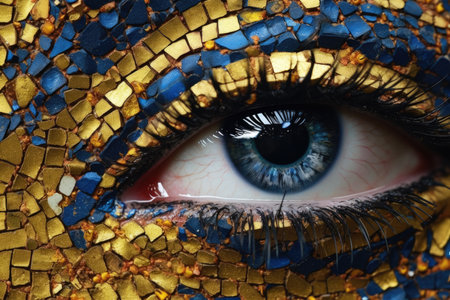 Close up of beautiful woman's blue eye with mosaic art background.の素材