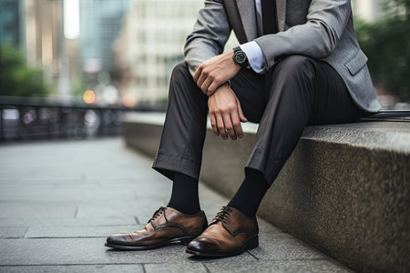 Unrecognizable young businessman sitting on stairs outdoors. Young man in formal wear.の素材