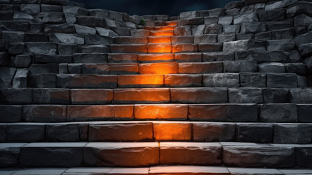Staircase made of stone with orange light. 3d renderingの素材