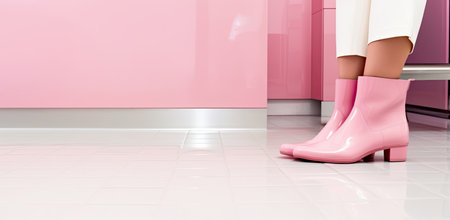 Woman wearing pink rubber boots in a modern corridor, 3D renderingの素材