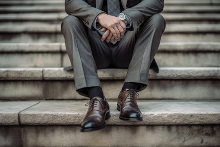 Businessman sitting on stairs with his hands clasped and looking downの素材
