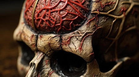 Human skull with blood vessels close-up macro photography. Human anatomyの素材