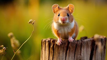 Hamster on a stump in the meadow. Hamster in nature.の素材