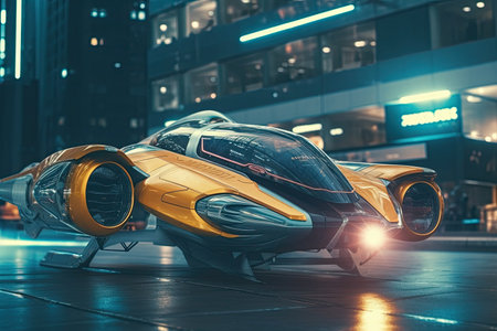 3d rendering of a futuristic race car in the city at nightの素材