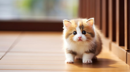 Cute fluffy kitten sitting on the floor in the living room.の素材