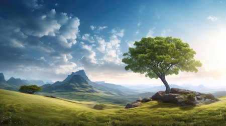 Green tree on a hillside with mountains in the background. 3d renderingの素材