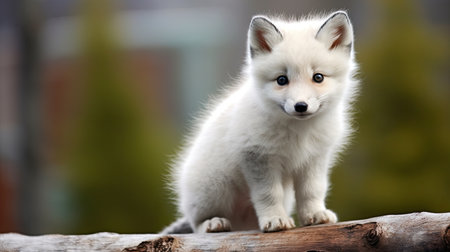 Portrait of a cute little white fox sitting on a wooden branchの素材